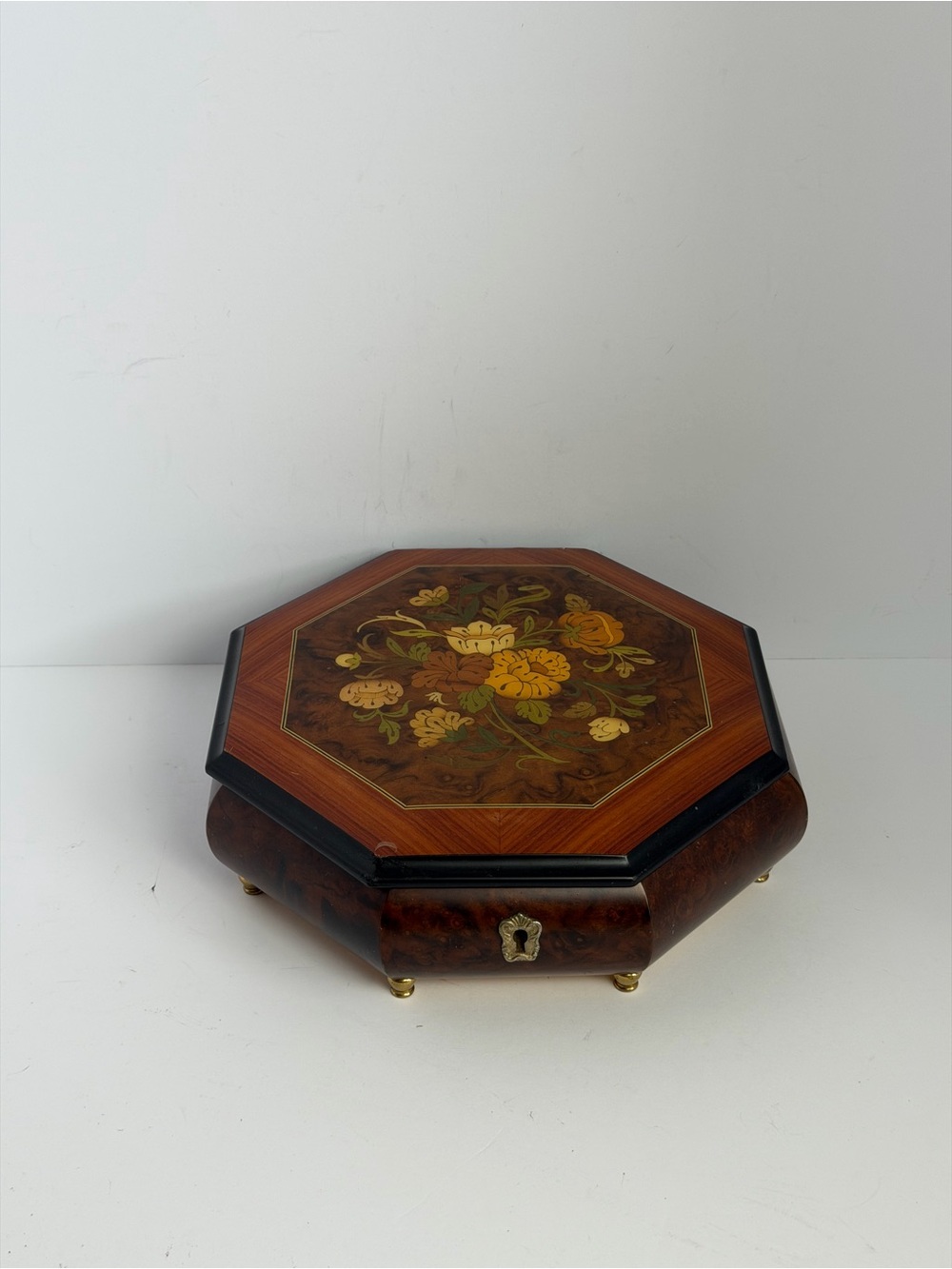 Vintage Reuge Swiss Music Box Inlaid Burl Wood Octagonal Jewelry Box Floral